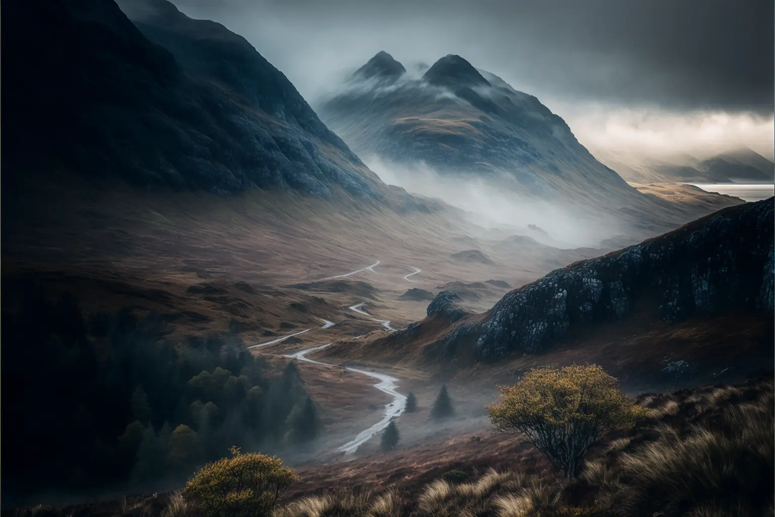 hills of the scotland highlands, misty fog, Canon RF 16mm f:2.8 STM Lens, award winning photography, by national geographic and upsplash